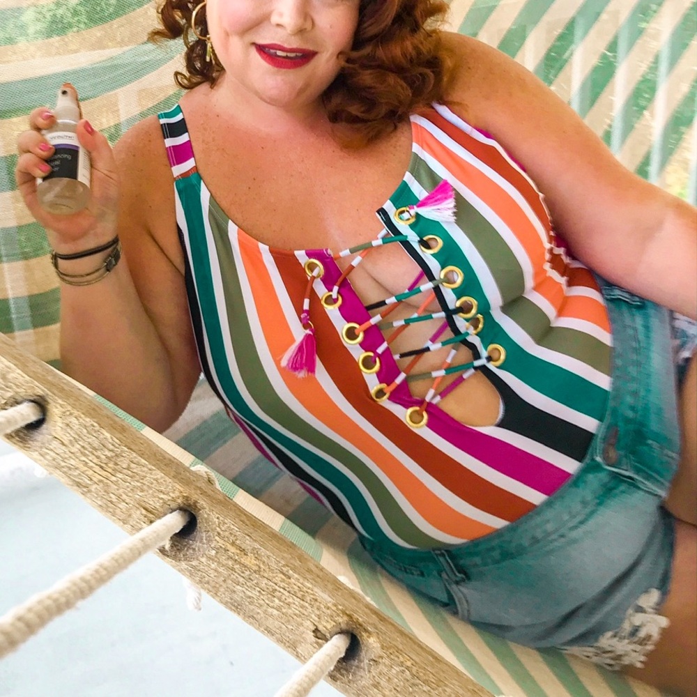 Terra & Sky 3X Lace-Up Bold Multicolor Stripe One Piece Swimsuit Like New